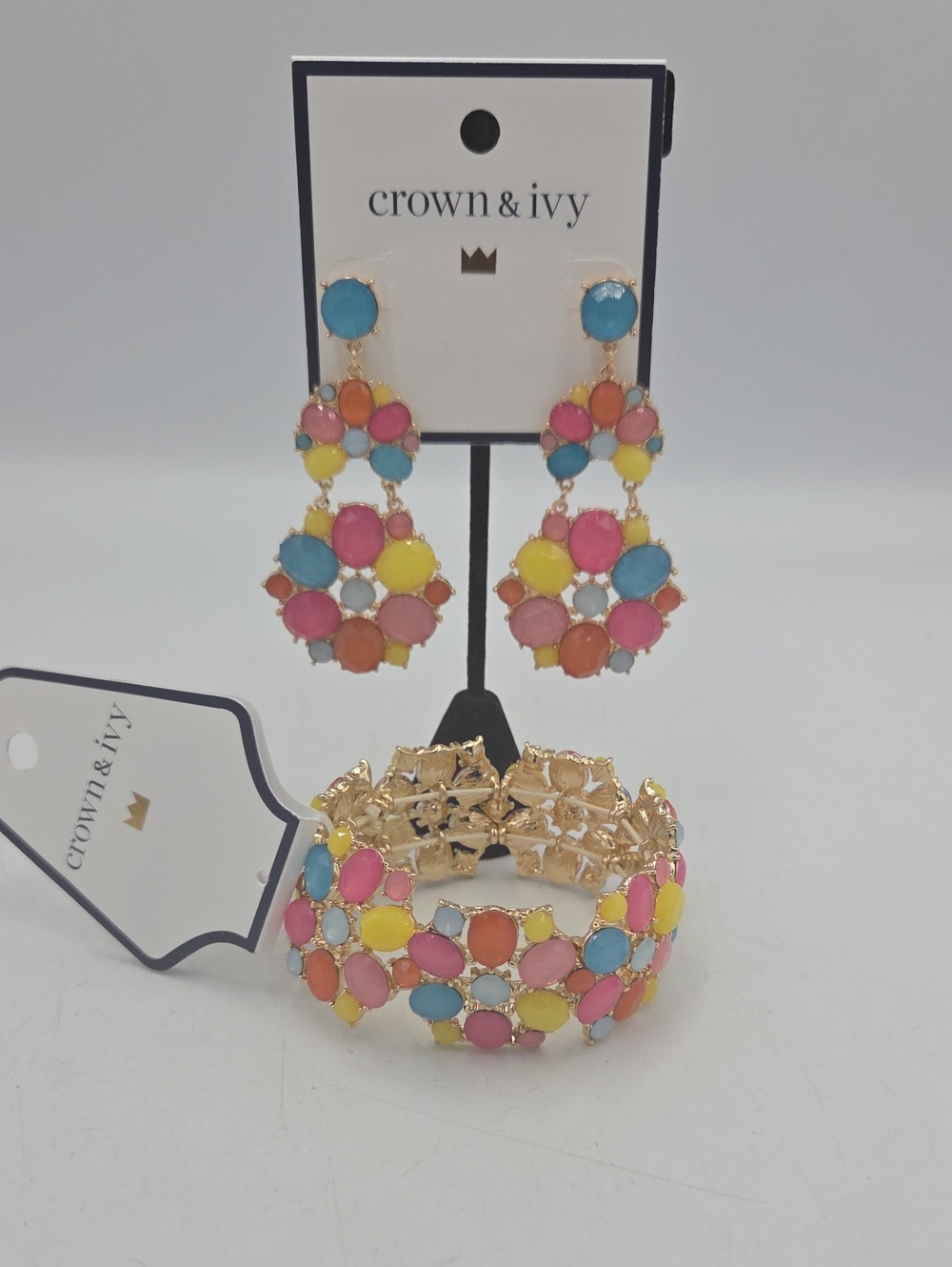 crown & ivy Multicolor Stone Statement Earrings and Bracelet Set